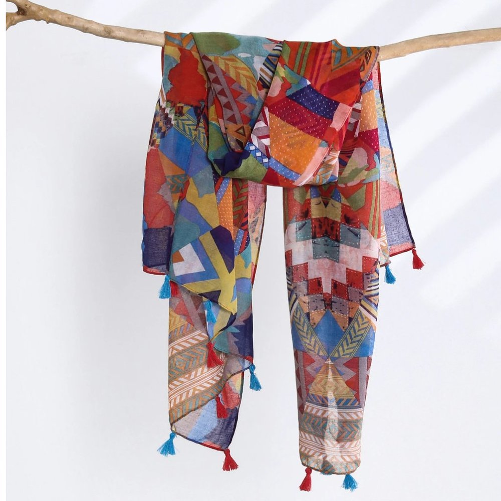 Multi Color Exotic Woman Scarf Red Tassel Shawl Colorful Head Wrap Rainbow Scarf